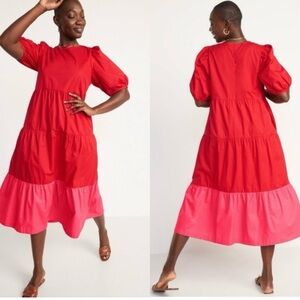 Red and pink color block midi tiered dress